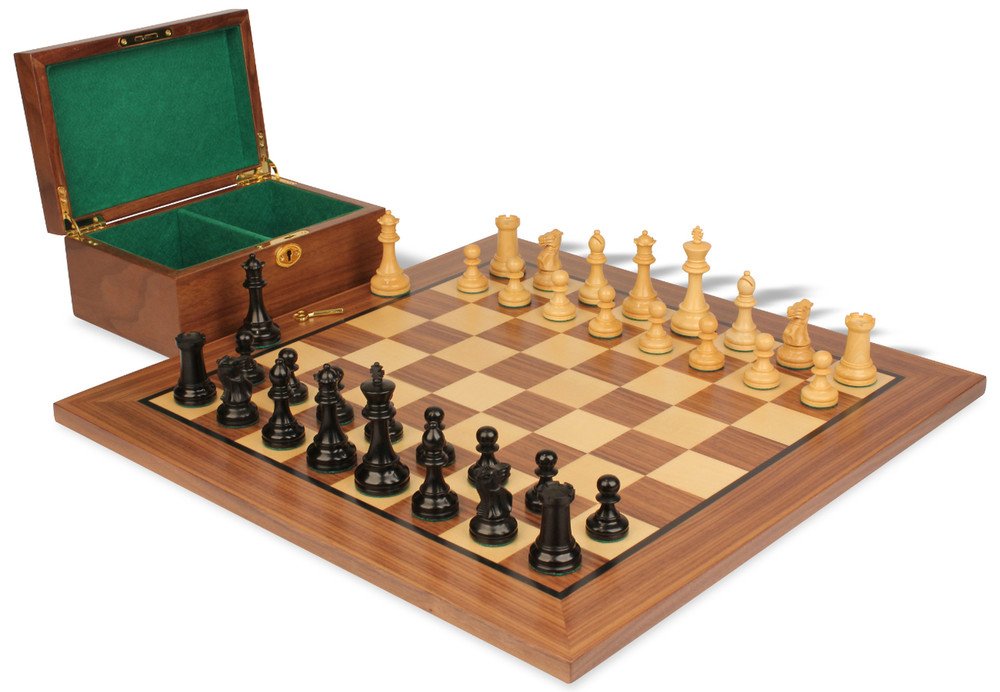 British Staunton Chess Set - Ebonized & Boxwood Pieces - Walnut Classic Chess Board & Box - 3.5" King